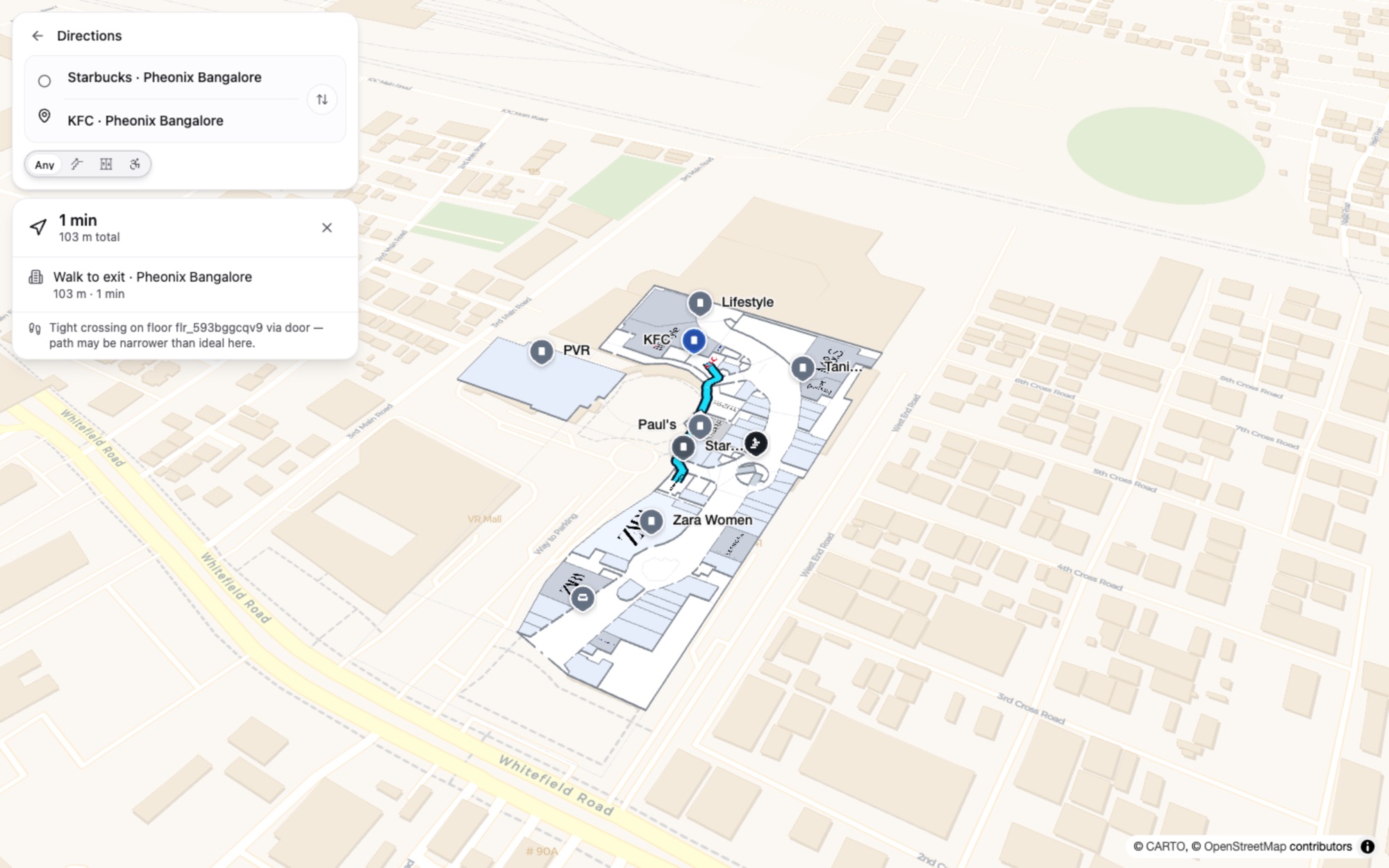 A route drawn turn by turn on a Waylocate floor plan