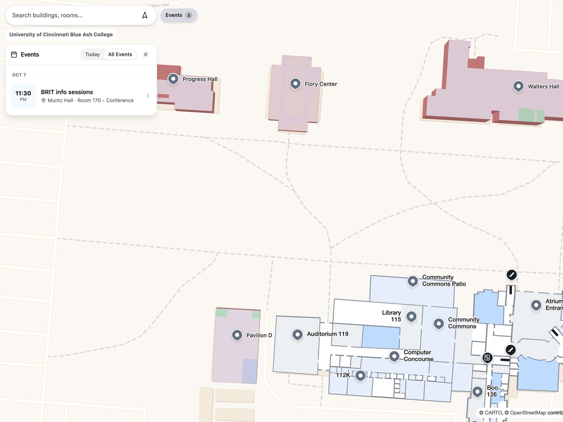 A Waylocate campus map with the events panel open, showing an info session and a Navigate here link